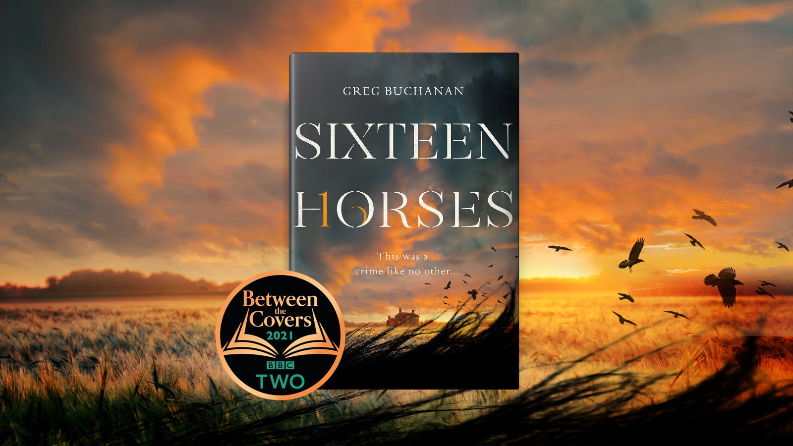 The book cover for Sixteen Horses showing a remote house in the countryside at sunset